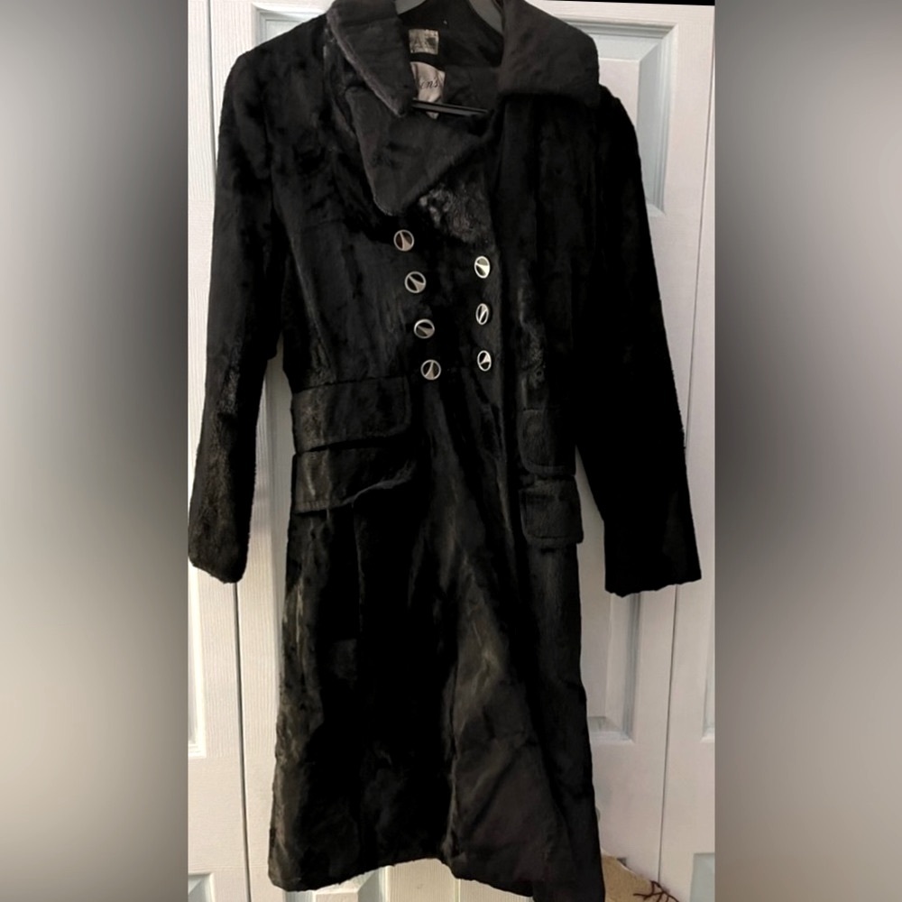 Rare Vintage black faux Fur Double breasted coat Made in France Military style - Picture 10 of 10